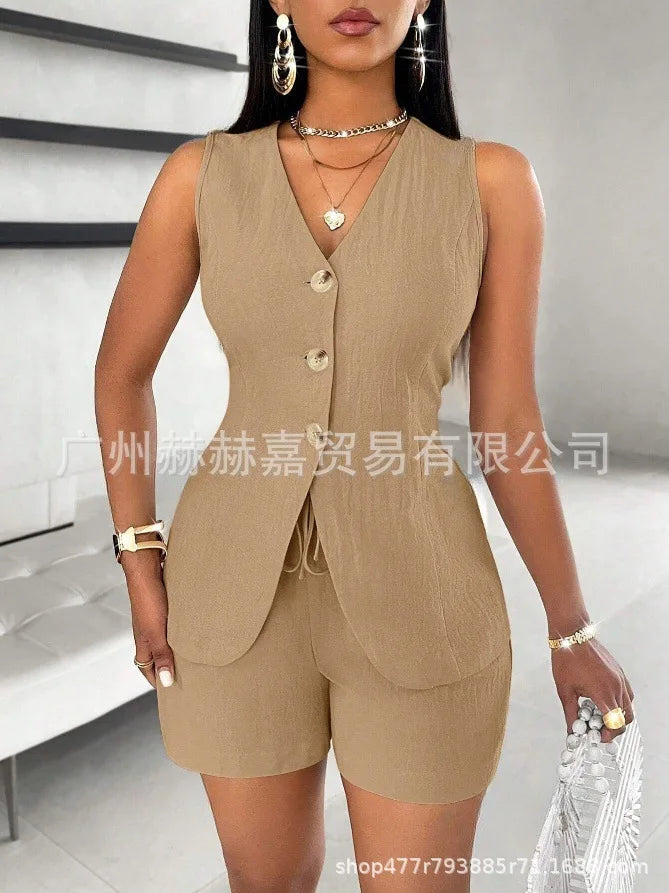 2025 verão algodão linho shorts define feminino 2 peças elegante cor sólida com decote em v magro topos senhora do escritório chique rendas shorts ternos