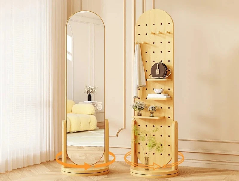 Retro espelho de corpo inteiro espelho de comprimento total cabide de chão multifuncional tridimensional rotativo integrado