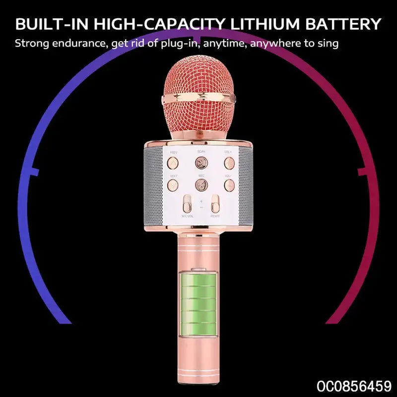 Rose gold wireless karaoke microphone with a white multi-function control panel, mesh head, and visible battery indicator.