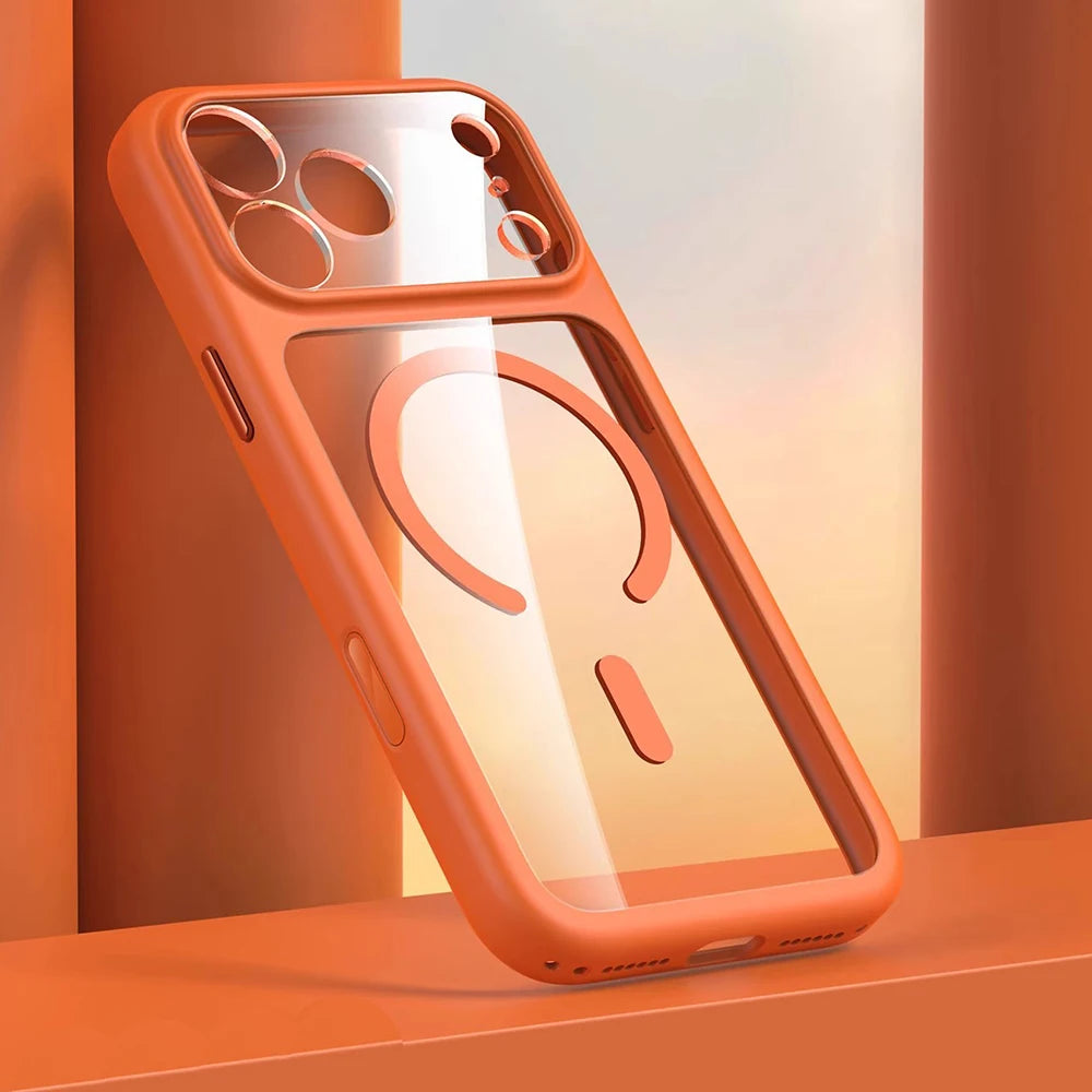 Negócios magnéticos simplicidade à prova de choque laranja pára-choques botão da câmera caso para iphone 17 pro max lente clara pc capa para magsafe