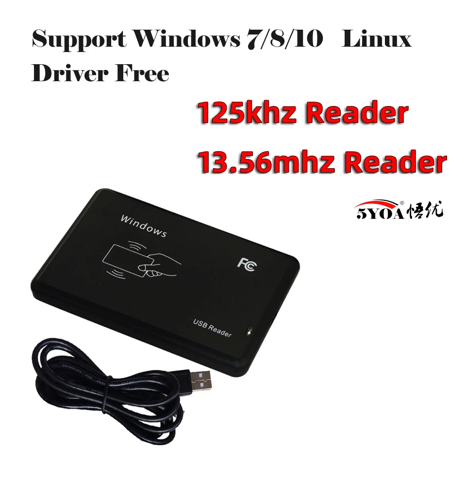 Leitor de cartão inteligente RFID 5YOA 125KHz 13.56MHz ID IC Leitor programador criptografado de controle de acesso de frequência dupla com interface USB