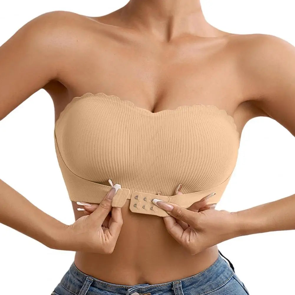 Sutiã feminino sem alças com fechamento frontal conforto sem fio bandeau antiderrapante borda ondulada acolchoada top bralette