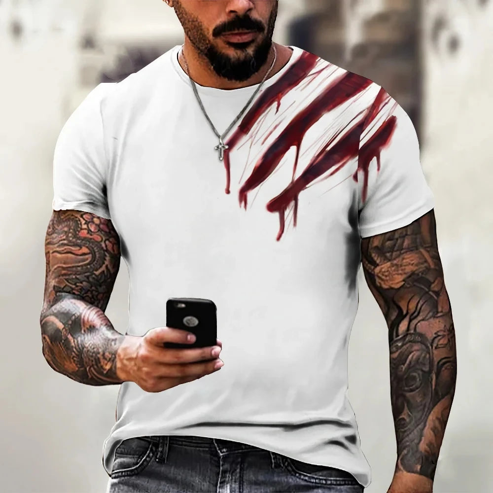 Camiseta masculina na moda novo design preto e branco cor arte 3d impresso oversized em torno do pescoço topos solto casual estilo simples t camisa