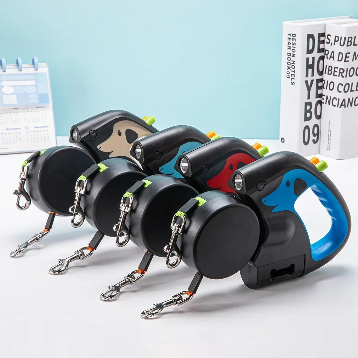 Trela rotativa de nylon para animais de estimação, 3m, para 2 cães, corda dupla ajustável, com lanterna, saco de cocô, caixa, corda de tração para animais de estimação, retrátil