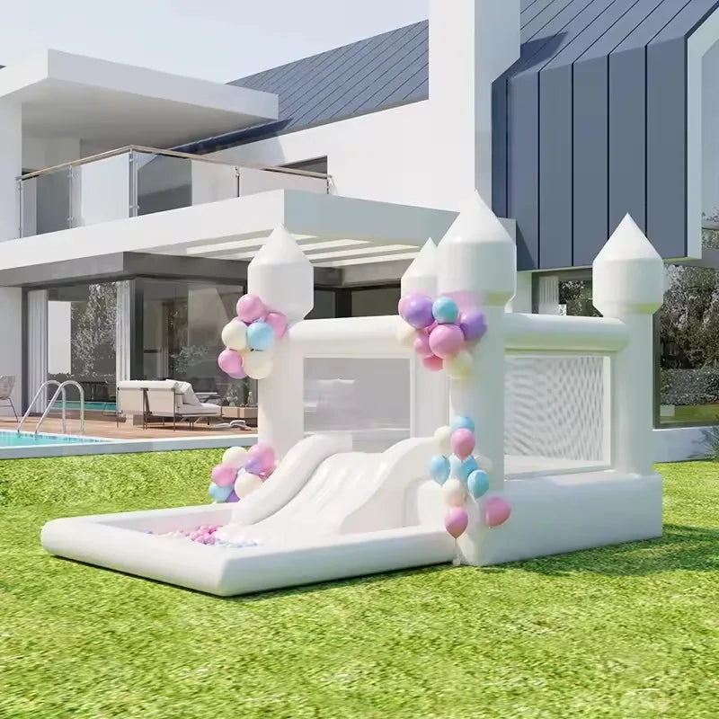 Casa de salto inflável de 4m, castelo de salto branco com piscina de bolinhas, decoração de festa de aniversário infantil, presente, castelo inflável