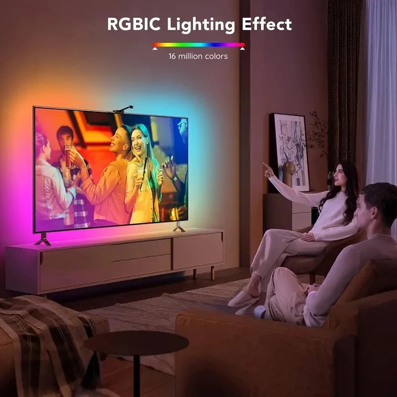 Faixa de luz de fundo de TV LED RGBIC com câmera Controle de aplicativo Sincronização de música Luzes inteligentes para sala de jogos Iluminação ambiente de 55-75 polegadas