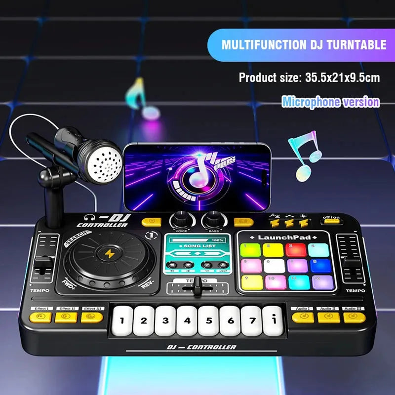 Kid DJ Mixer with Microphone Electronic Piano Keyboard Bluetooth DJ Turntable Console Junior Musical Instrument Christmas Gifts