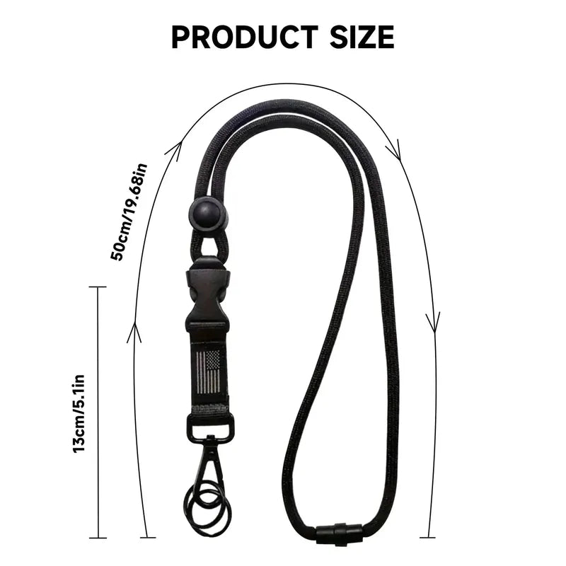 Black heavy-duty tactical polyester lanyard with quick-release buckle, removable keychain, safety breakaway, and American flag detail.