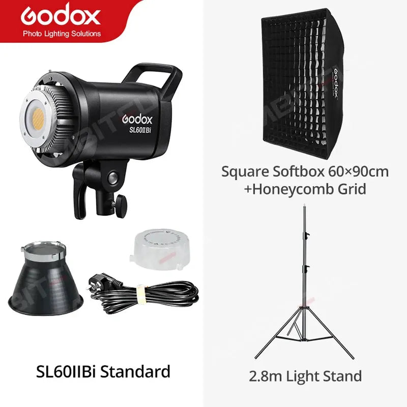 Godox SL60IIBi COB LED video light kit with black 60x90cm softbox, honeycomb grid, reflector, and 2.8m light stand.