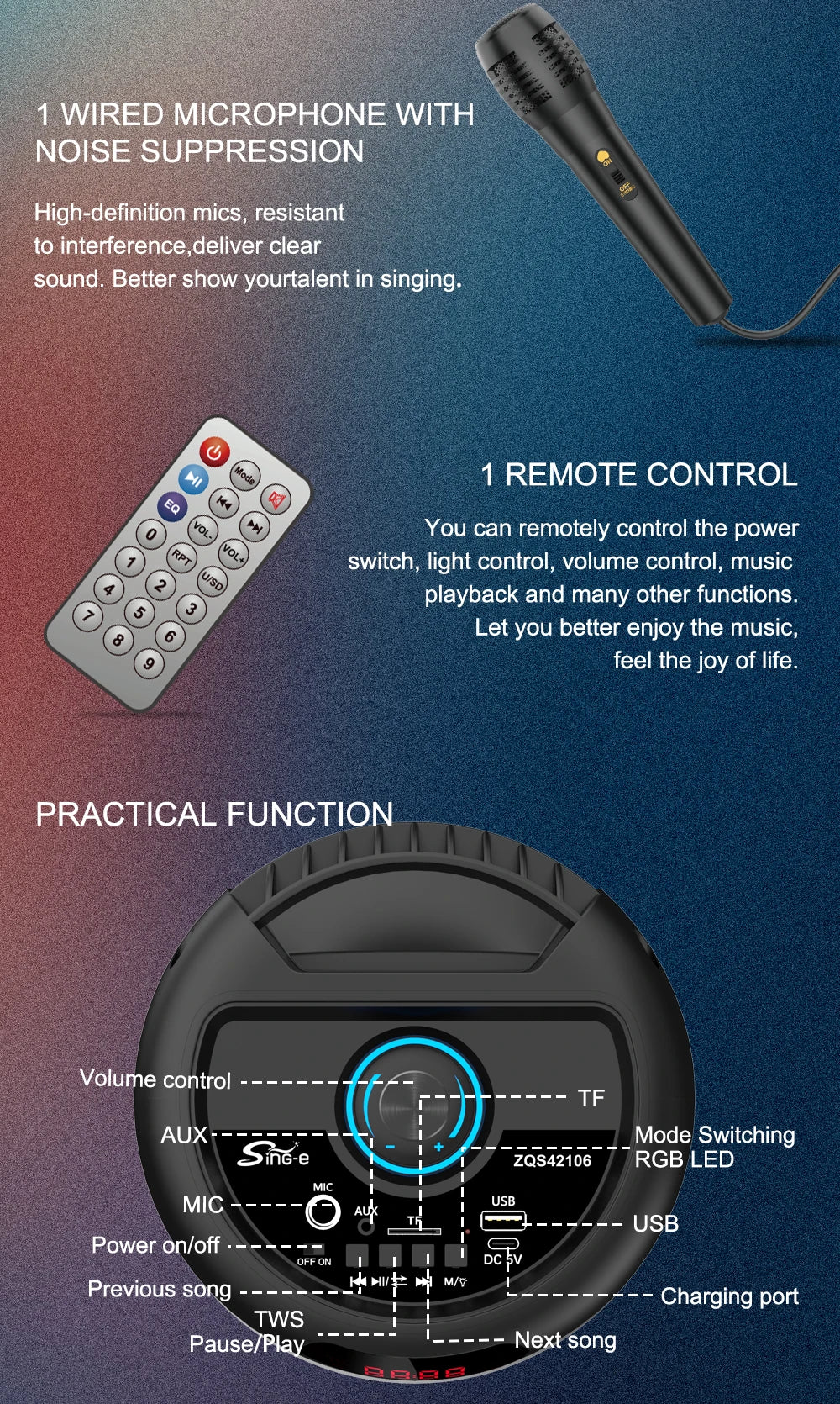 Zqs42106 portátil duplo alto-falante bluetooth de 4 polegadas carregamento sem fio de longo alcance bt/usb/tf/aux/microfone/fm/matrômokê colorido ao ar livre