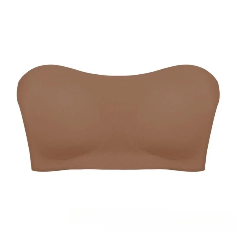 Sexy sem alças push up sutiã removível acolchoado sem costura gelo seda topo feminino beleza invisível volta anti-deslizamento fora do ombro sutiã