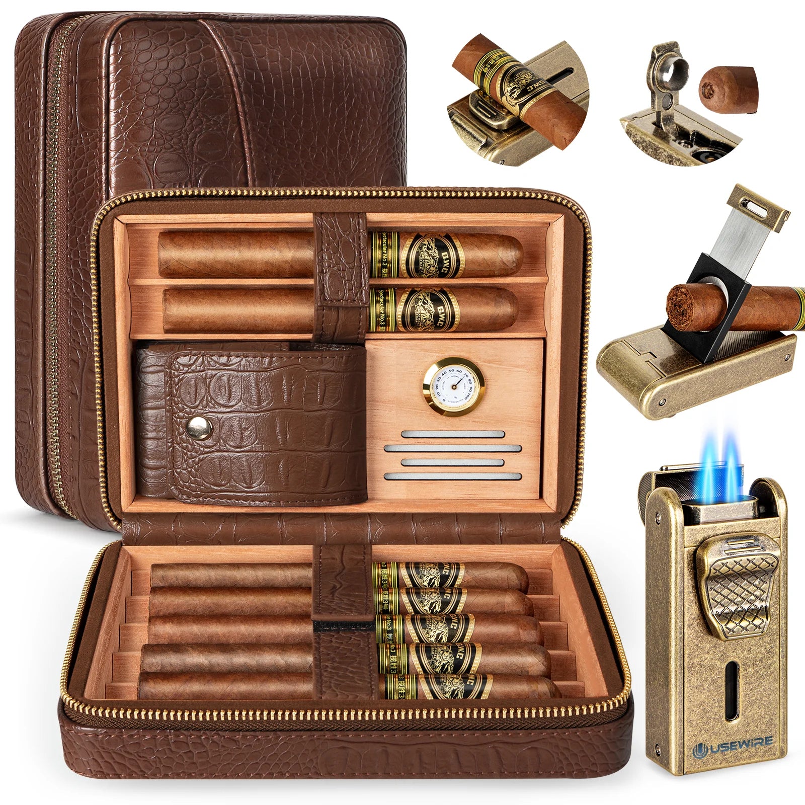 Humidor de charutos de couro com isqueiro, cortador de charutos reto embutido e perfurador de charutos, umidificador e bandeja de cedro