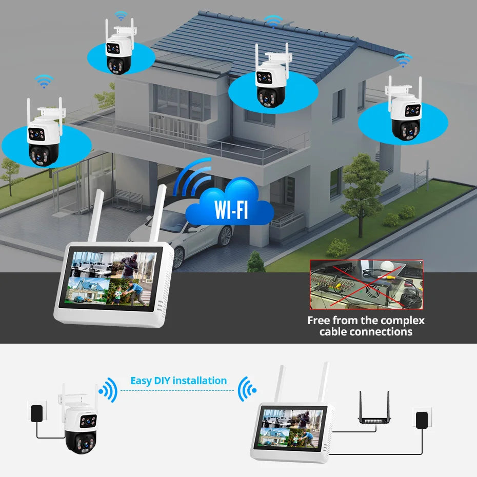 Kerui sem fio 6mp lente dupla wifi câmera ip 8ch nvr tela lcd de 7 polegadas gravador de vídeo sistema de câmera de segurança em casa vigilância