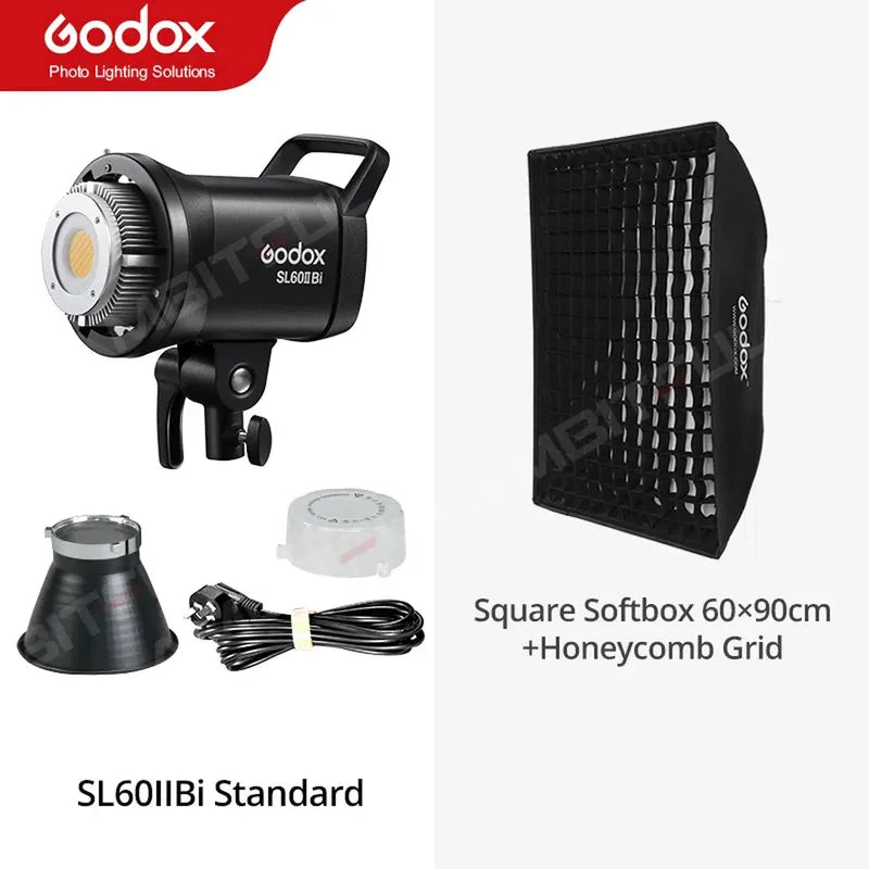 Godox SL60IIBi black COB LED video light, 60x90cm softbox with honeycomb grid, Bowens mount reflector, and power cable.