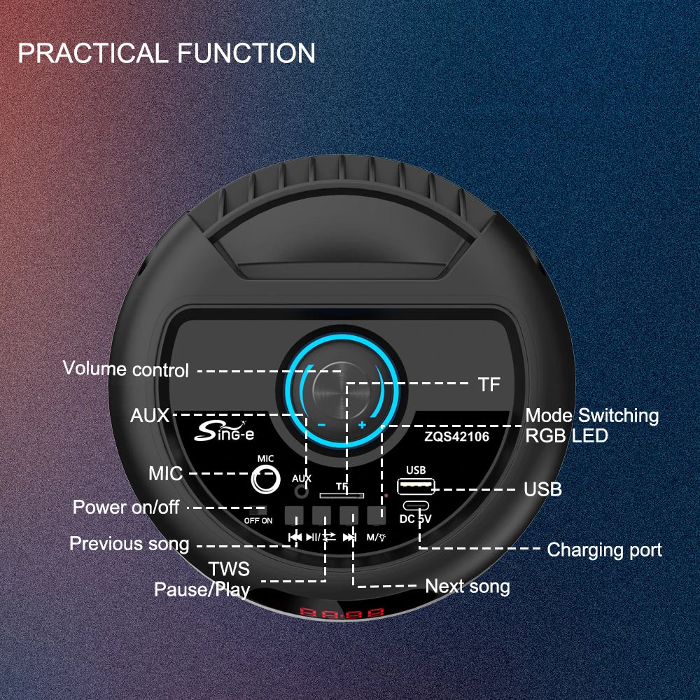 Zqs42106 portátil duplo alto-falante bluetooth de 4 polegadas carregamento sem fio de longo alcance bt/usb/tf/aux/microfone/fm/matrômokê colorido ao ar livre