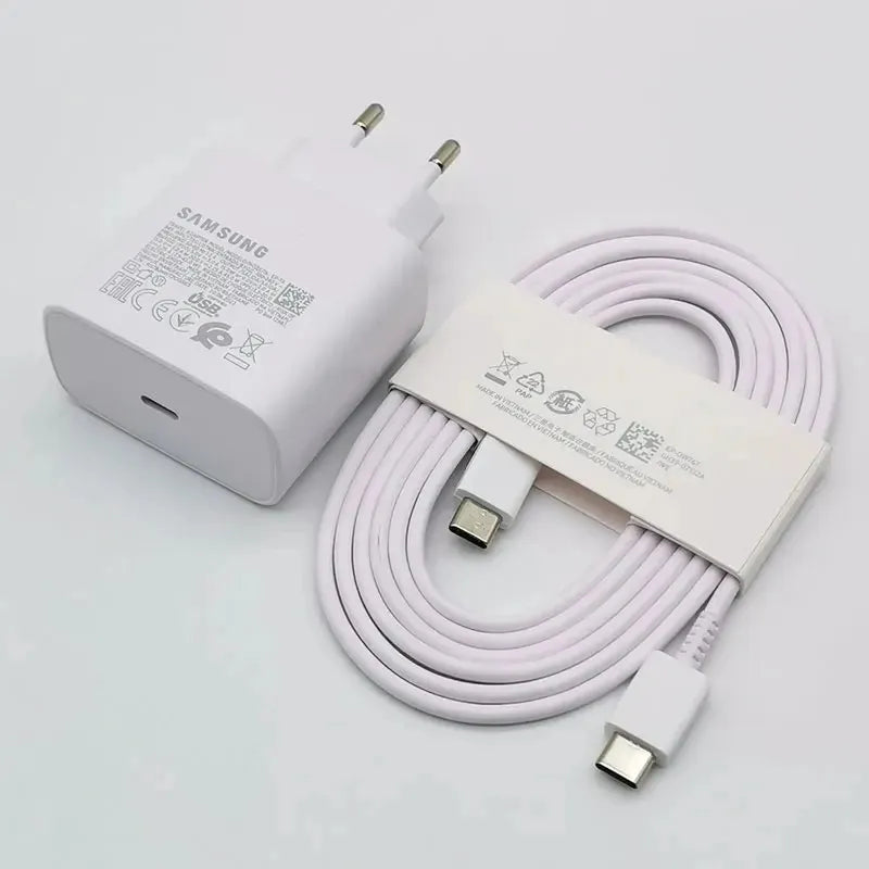 White Samsung 45W Super Fast Charge EU adapter and coiled 1.8M USB-C to USB-C cable.