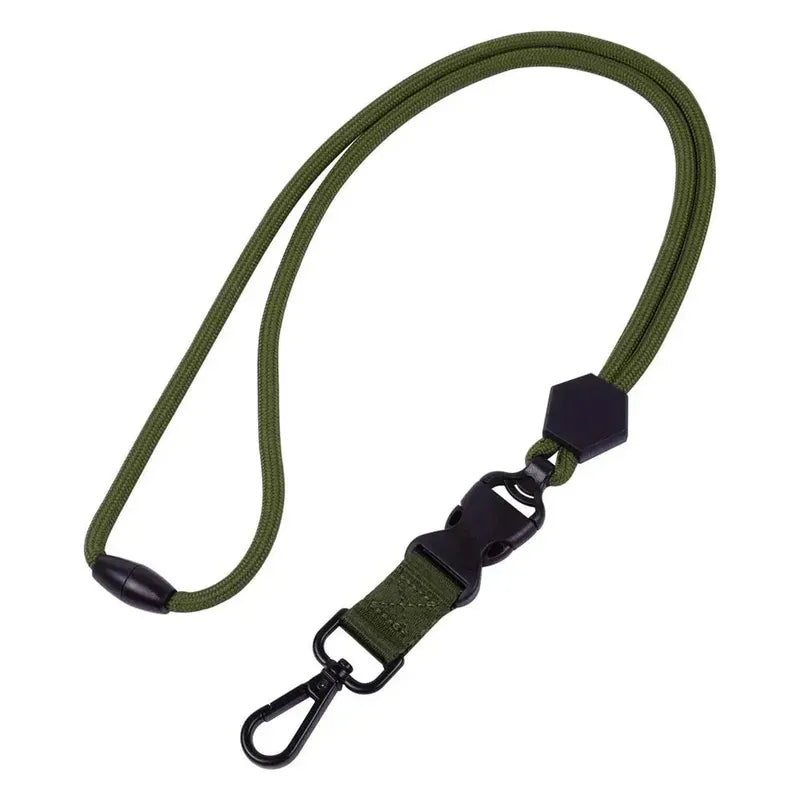Olive green tactical heavy-duty polyester lanyard with black quick-release buckle and metal swivel clip.