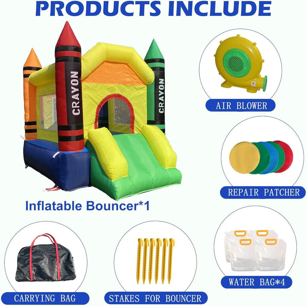 Mini casa inflável de salto com ventilador, castelo infantil, casa inflável para crianças com escorregador, soprador de ar, bolsa de transporte e bolsa de água