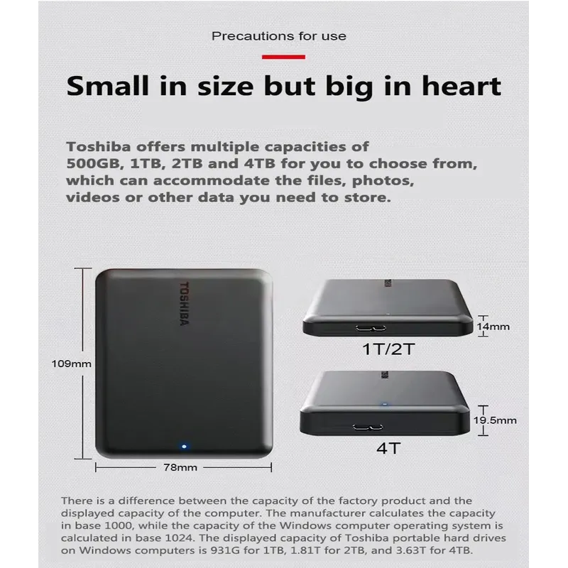 LS Toshiba A5 Series Small Black Portable Hard Drive, High-Speed USB 3.2 Gen1, 500GB/1TB/2TB Compatible With Mac
