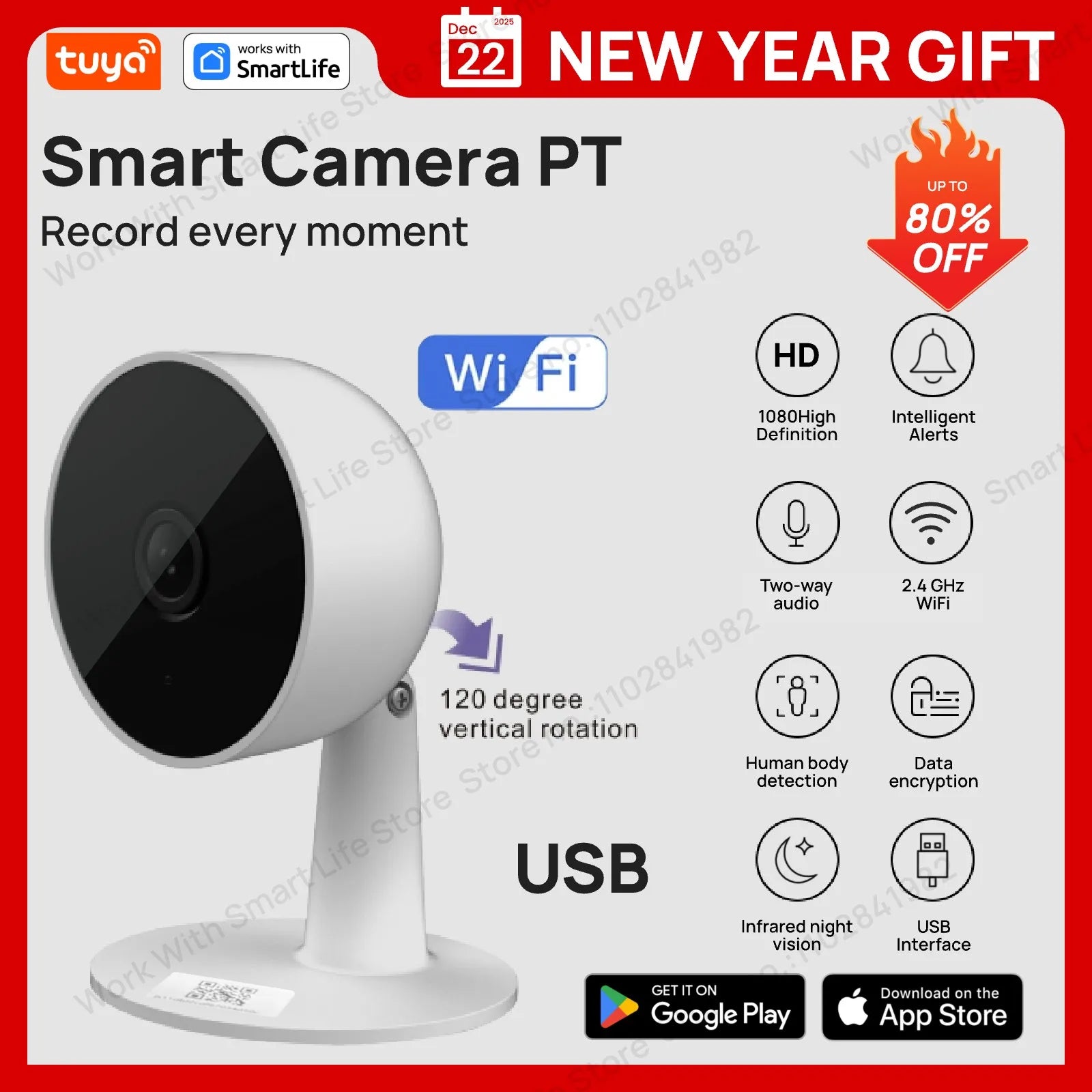 Tuya Smart 1080p Wi-Fi Câmera de segurança doméstica inteligente 2MP, HD, alertas de aplicativo em tempo real, áudio bidirecional, com rastreamento de movimento para bebês e animais de estimação