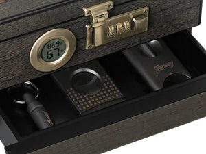 Humidor de charutos, caixa de mesa superior de vidro com termo-higrômetro digital, umidificador, divisor, gaveta de acessórios e fechadura de combinação
