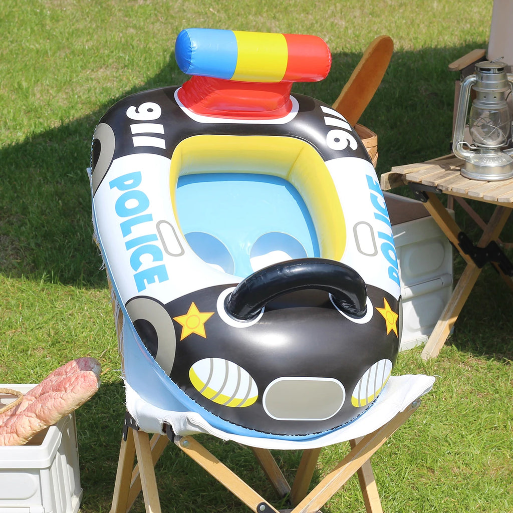 Assento de anel flutuante para piscina, barco inflável em forma de carro de polícia, tubo de piscina de praia de verão com alças, 1 peça