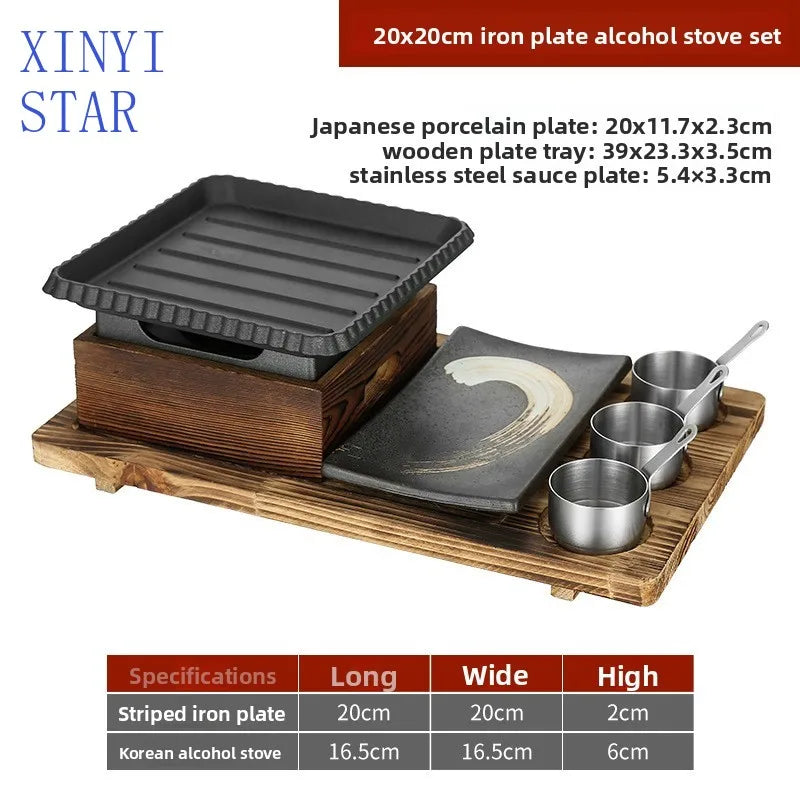 Sala de jantar talheres simples e duplos placa de churrasco de ferro fundido quadrado forno de álcool bandeja de cozimento estilo coreano conjunto de fogão de churrasco