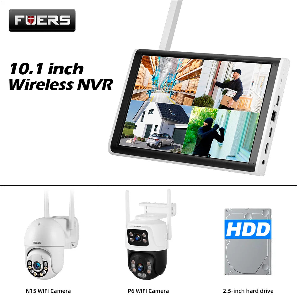Fuers h.265 tela lcd de 10.1 polegadas 8ch sem fio nvr segurança diy câmera ao ar livre sistema wi fi vigilância cctv gravador de áudio e vídeo