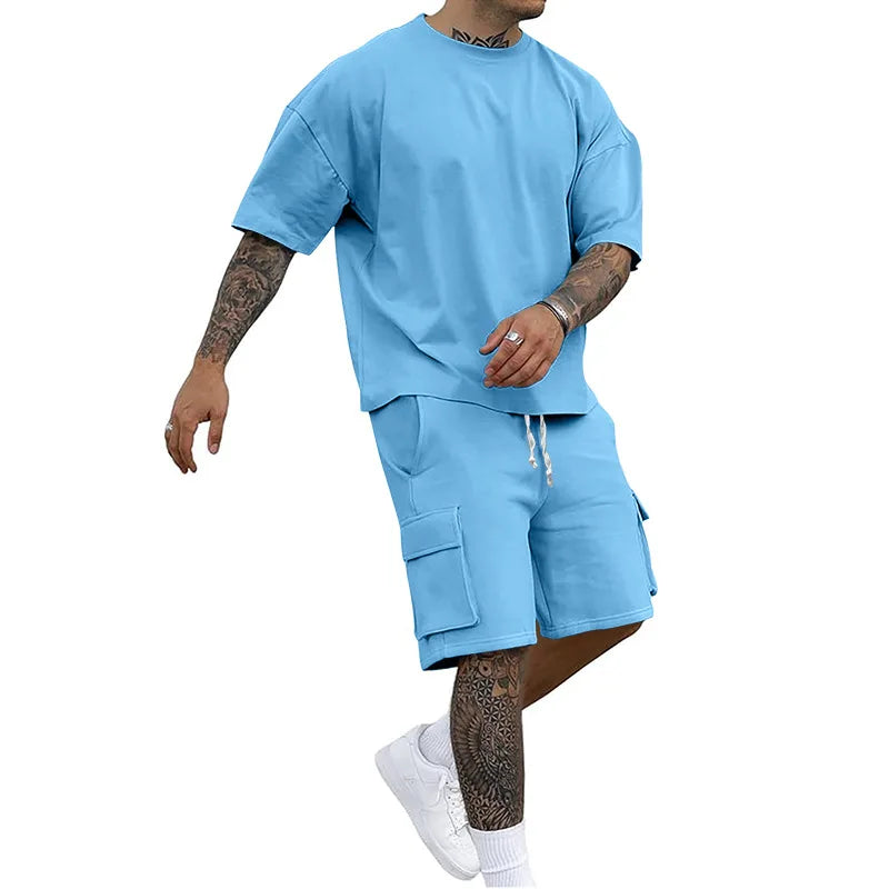 Novo estilo de verão moda camiseta e shorts utilitários conjunto de cor sólida, um terno masculino casual e esportivo