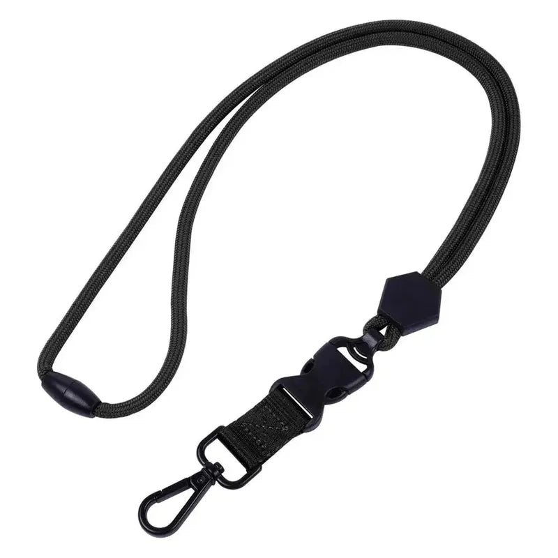 Black heavy-duty polyester lanyard with quick-release buckle, safety breakaway clasp, and metal carabiner clip.