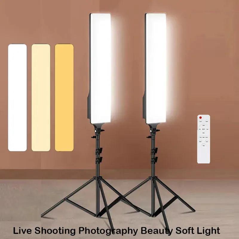 Two dimmable bi-color LED rectangular video lights on black tripods, shown with color temperature swatches and remote control.