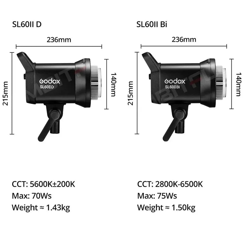 Black Godox SL60II D and SL60II Bi COB LED video lights, side-by-side with dimensions, Bowens mount, and adjustable bracket.