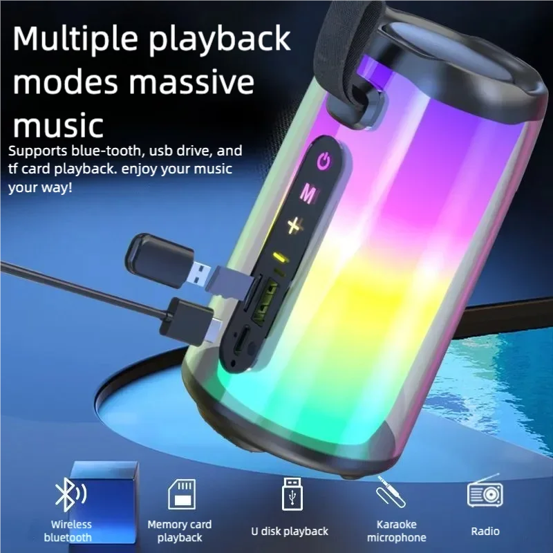 Máquina de karaokê portátil, alto-falante Bluetooth para festa com 2 microfones de karaokê, modos de luz RGB, 5 efeitos vocais, USB/AUX/TF