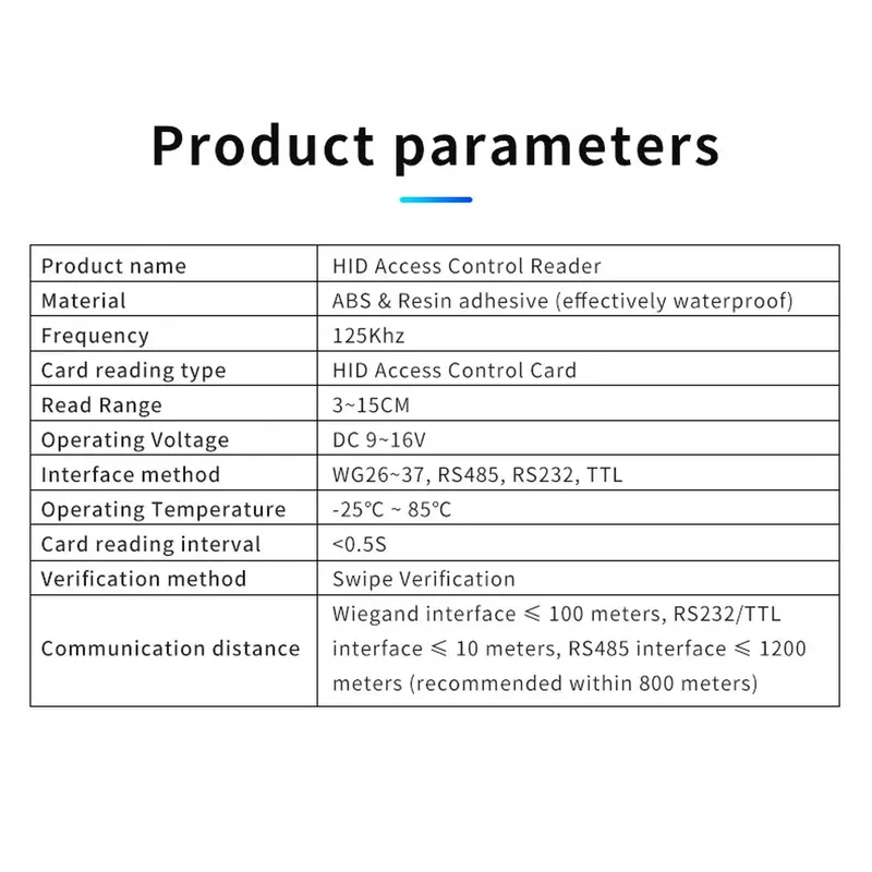 Outdoor Waterproof RFHID Card Reader 125KHZ Wiegand 26-37 Adaptive Format Output RS485 RS232 TTL Level Communication small hid