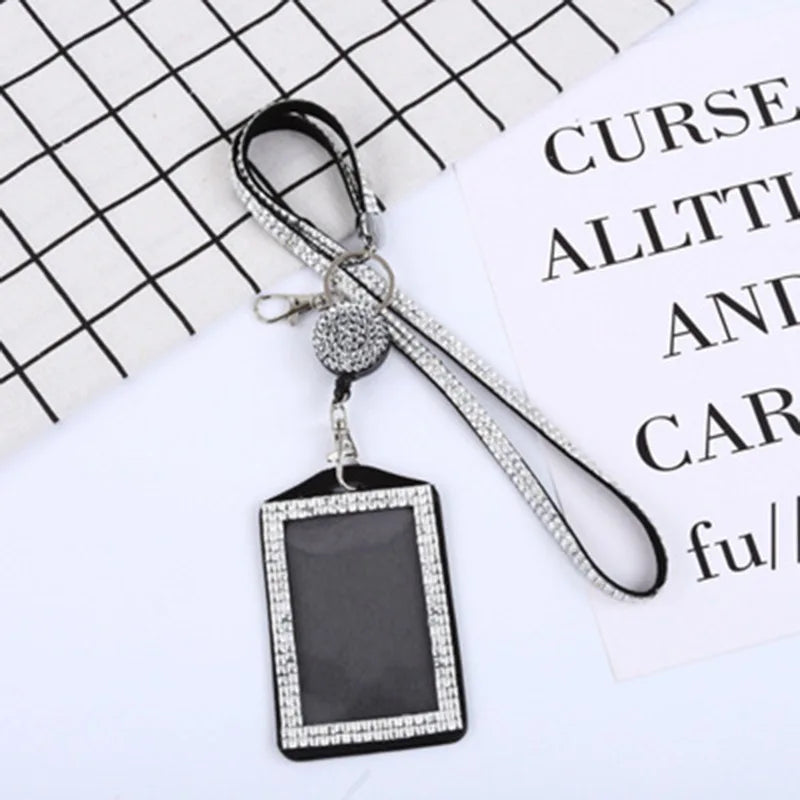 1 pçs strass crachá titular id cordão cristal colar cinta crachá titular do cartão retrátil pendurado corda cartão de trabalho atacado