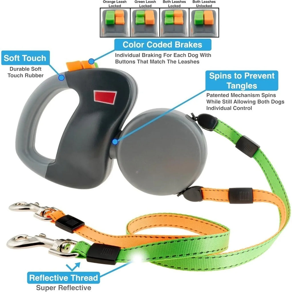 Trela retrátil dupla para cães, edição aprimorada, auto-antangular, reflexiva, à prova d'água, suporta até 50lb, trela de corrida para cães