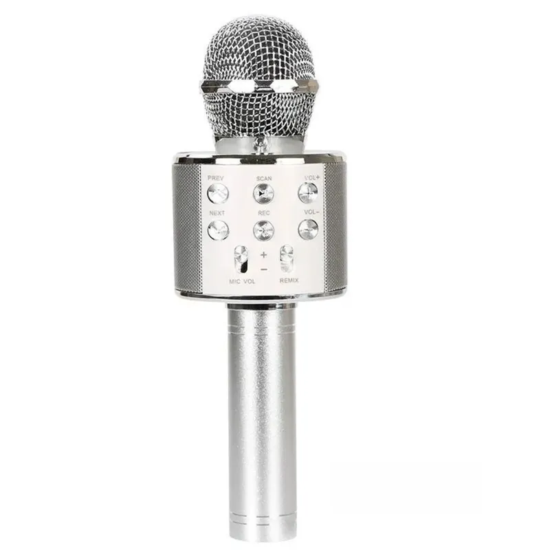 Silver handheld wireless karaoke microphone with integrated Bluetooth speaker and multi-function control panel.