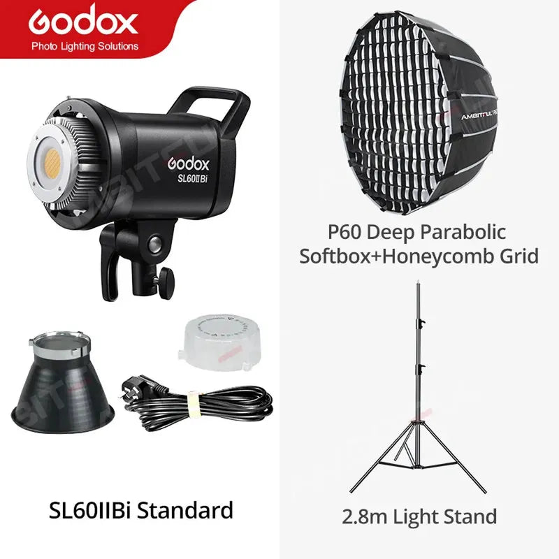Godox SL60IIBi COB LED video light kit with black P60 parabolic softbox, 2.8m stand, reflector, and power cable.