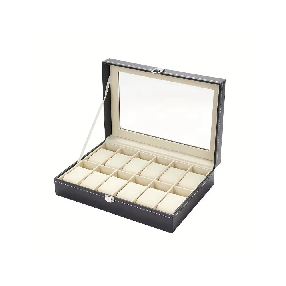 Organizador de relógio com 12 slots com fechadura e almofadas removíveis |   Estojo de armazenamento de couro sintético para presentes de viagem masculinos