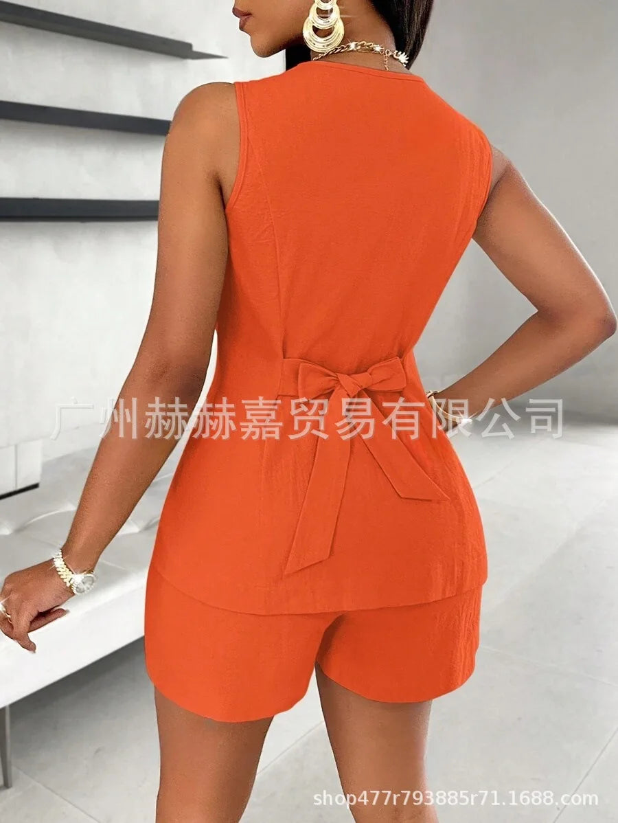 2025 verão algodão linho shorts define feminino 2 peças elegante cor sólida com decote em v magro topos senhora do escritório chique rendas shorts ternos