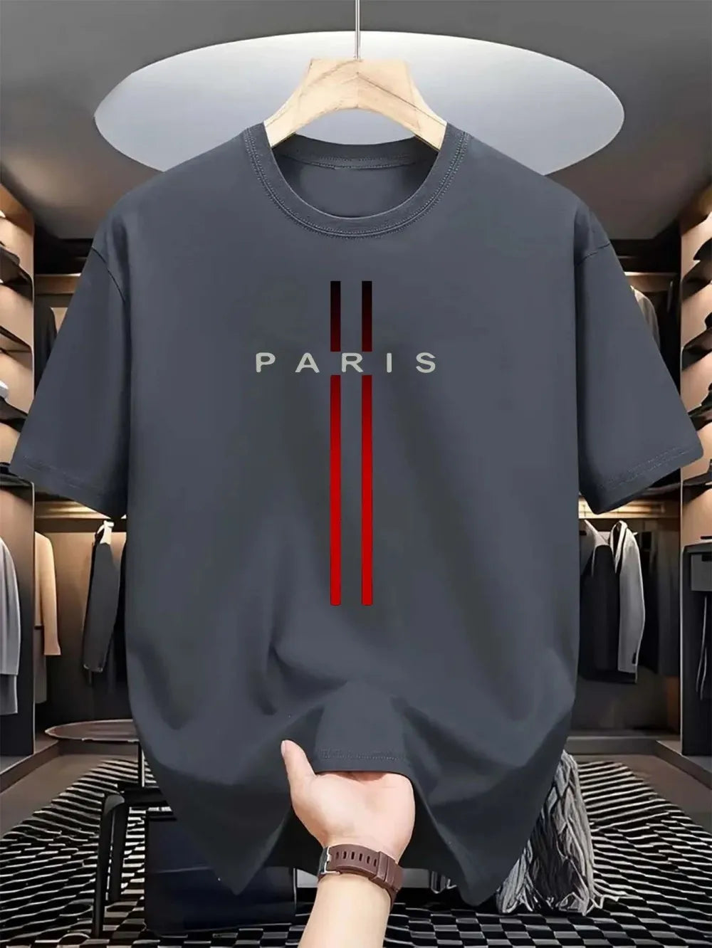 Novo tecido de poliéster masculino confortável e respirável em torno do pescoço camiseta paris carta impressa padrão ao ar livre casual topo