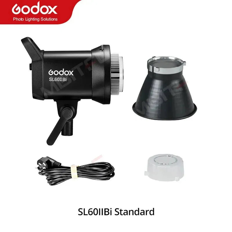 Black Godox SL60IIBi COB LED video light kit with standard Bowens mount reflector, power cable, and protective cap.