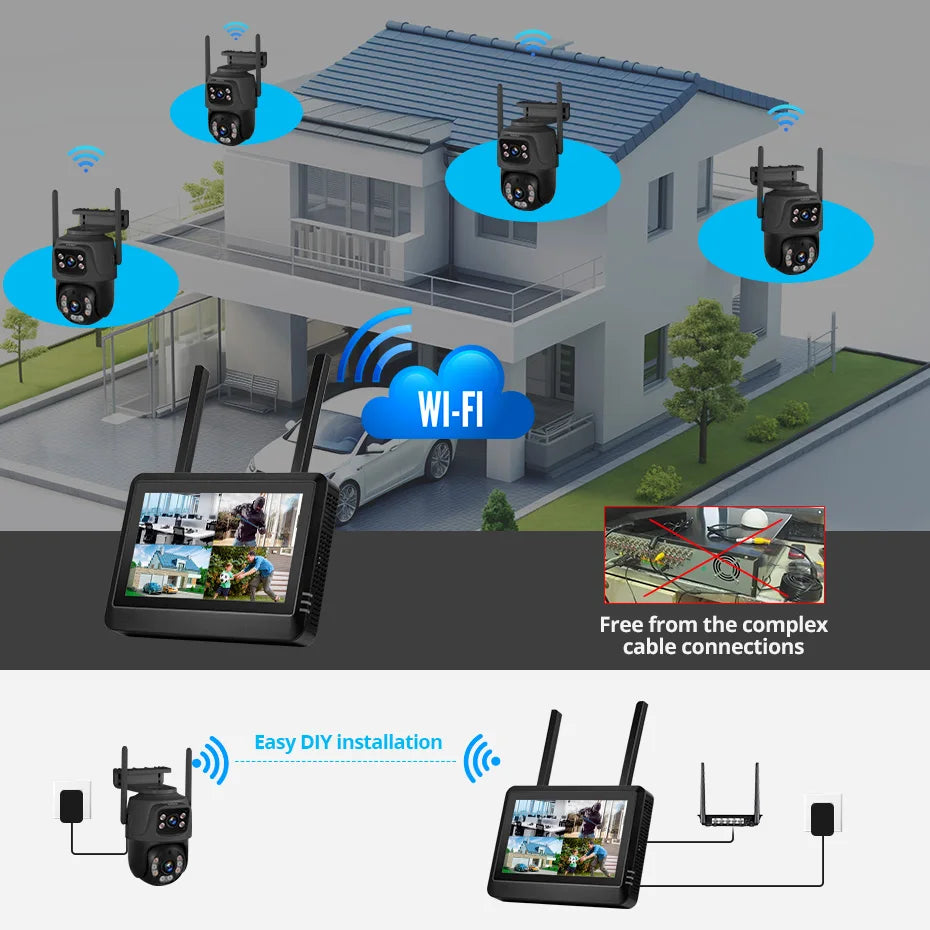Kerui sem fio 6mp lente dupla wifi câmera ip 8ch nvr tela lcd de 7 polegadas gravador de vídeo sistema de câmera de segurança em casa vigilância