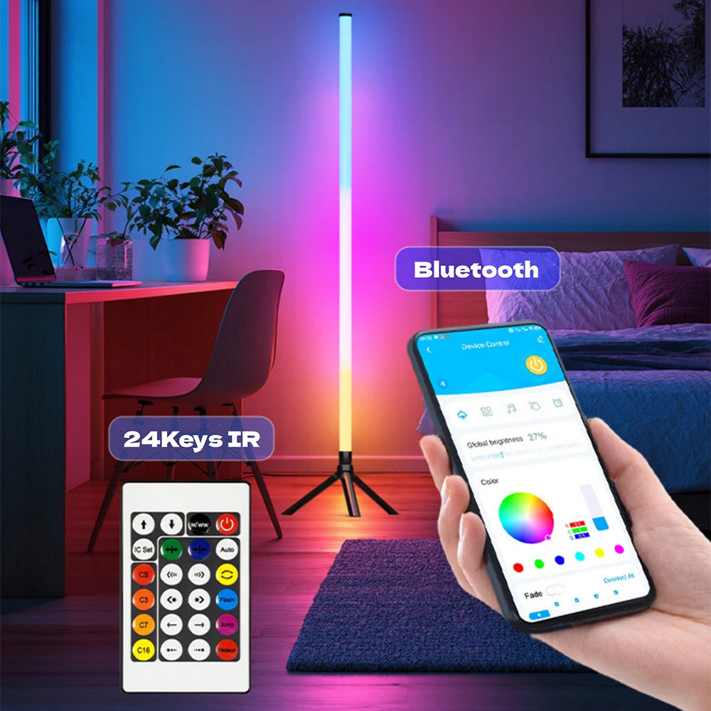 Inteligente rgb cct conduziu a lâmpada de assoalho 103cm 360 tubo redondo 5v alimentado por usb 24key bluetooth app controle remoto para jogos pc tv decoração