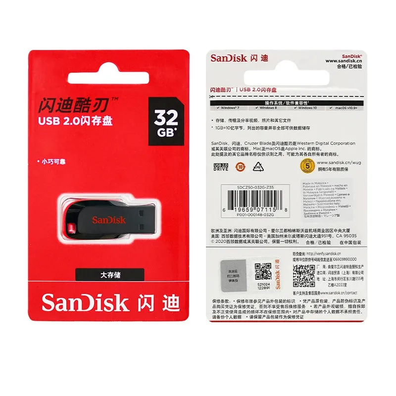 SanDisk USB2.0 FAT32 Cruzer CZ50 Flash Drive Compact Encrypted Flash Memory Stick USB2.0 PenDrive for Desktop Laptop