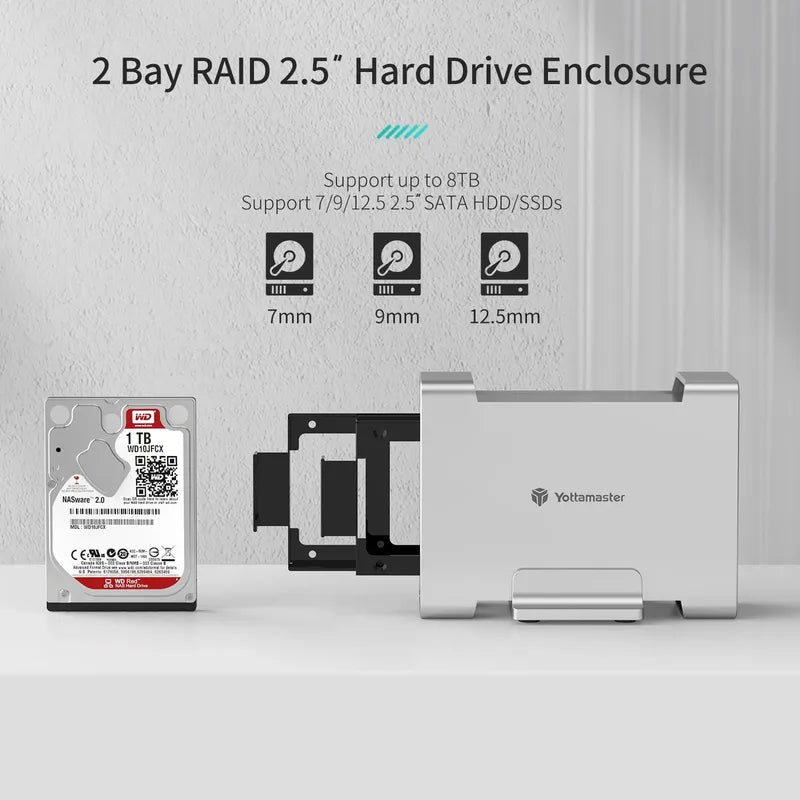 Yottamaster SATA RAID Hard Drive Enclosure 2.5" 3.5" SATA HDD SSD Enclosure with 32TB Max & RAID 0/1/SPAN RAID Hard Disk Storage