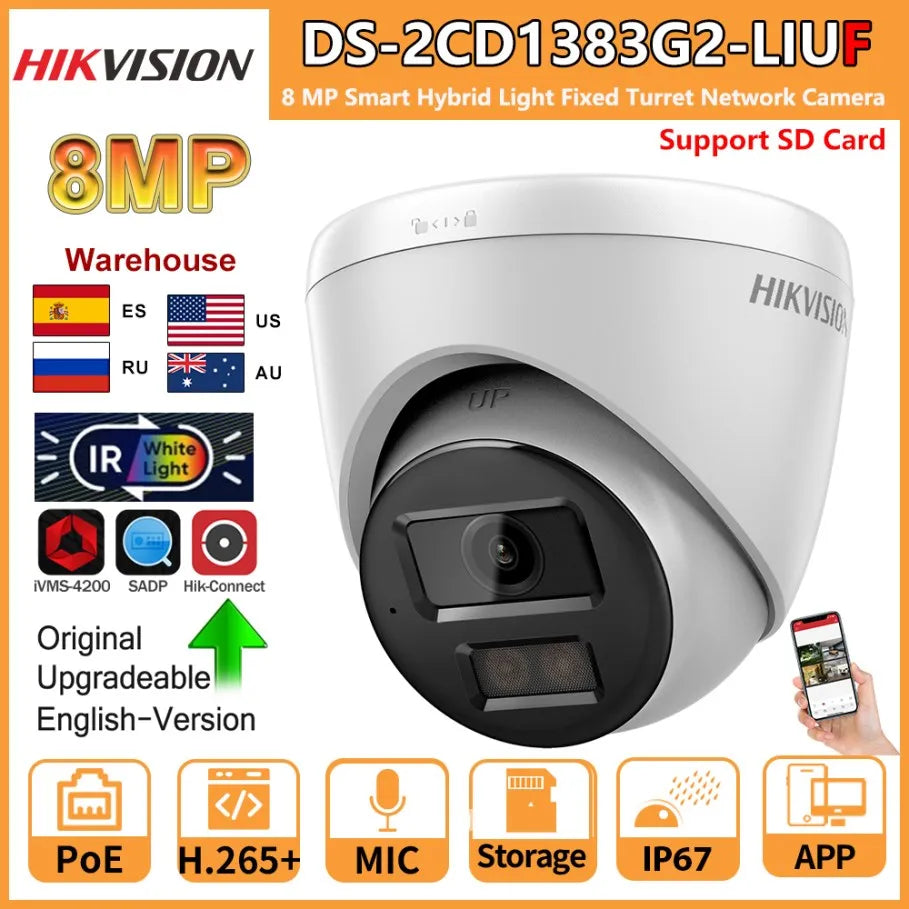 Hikvision câmera ip de 8mp DS-2CD1383G2-LIUF microfone embutido luz dupla 4k luz híbrida inteligente slot para cartão sd câmera de rede de torre fixa