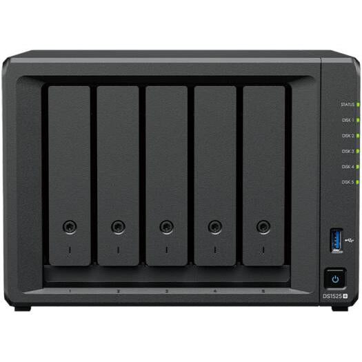 Synology DiskStation DS1525+ NAS Enclosure, AMD Ryzen V1500B, 8GB RAM, 5 Drive Bays, 3.5" SATA HDD, 2.5" SATA SSD & M.2 2280 NVMe SSD Support | DS1525+