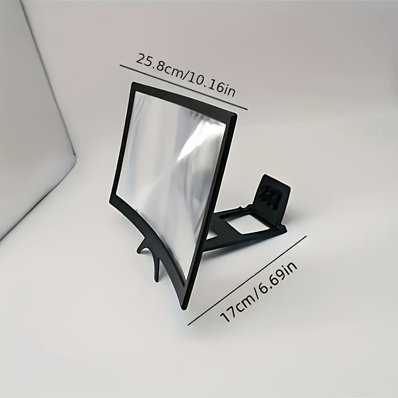 Black portable smartphone display magnifier with a curved HD screen and adjustable stand. Dimensions 25.8cm x 17cm.