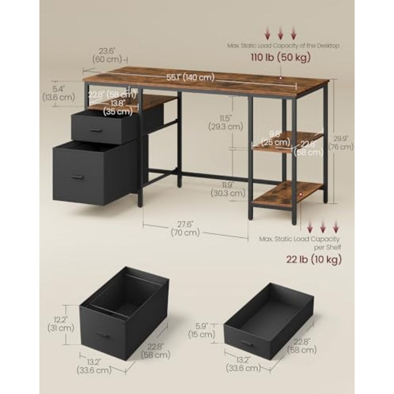 Modern Industrial Computer Desk with Storage - Rustic Brown & Black Table, 3-Shelf & 2-Drawer Storage, Sturdy Chipboard & Frame, Assembly Office Desk Suitable for Living Room, Computer Workstation